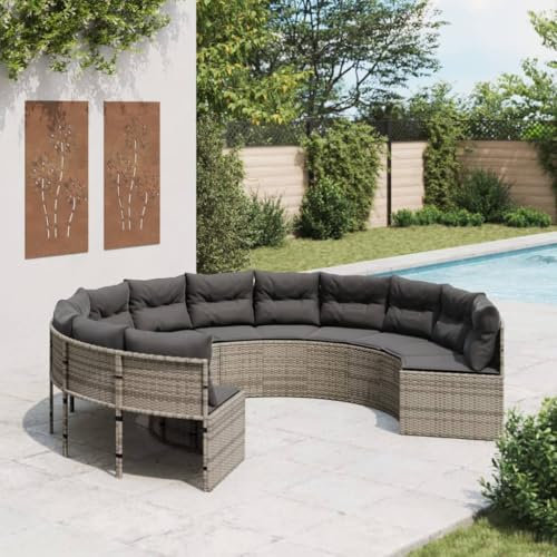 LAPOOH Gartensofa mit Kissen Rund Grau Poly Rattan, Gartenlounge, Garden Sofa, Balkonmöbel, Gartenmöbel, Loungemöbel - 3318541