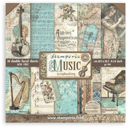 Stamperia - Scrapbook Paper Pad for Scrapbooking, Albums, Card Making, Bullet Journals, and More, Acid Free, Double-Sided, Perfect for Hobbies, Crafts, and Gifting (Music) (20.3 x 20.3cm)