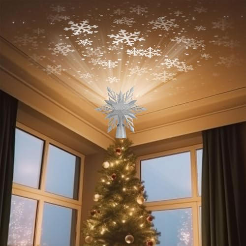 Weihnachten Baumspitze Beleuchtet Mit Projektor, Schneeflocke Weihnachtsbaum Spitze Eingebaute LED Rotierende lichte, Dynamischen Schneeflocke Christbaumspitze