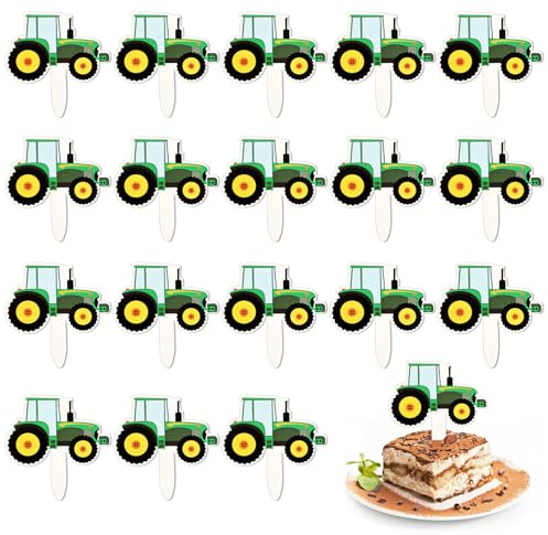 56Pcs Green Tractor Cupcake Toppers, Farm Tractor Cake Topper, Digger Cake Topper Cupcake Picks for Birthday Party Construction Party Supplies Cupcake Toppers
