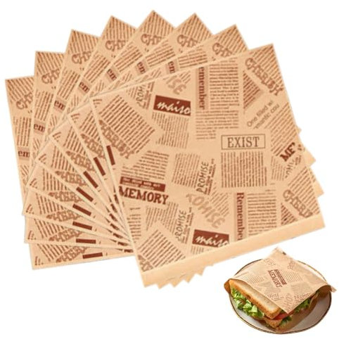 50PCS Greaseproof Paper Sheets, 18x18cm Burger Papers Sheets, Reusable Paper Sandwich Bags, Oil Proof Food Wrapping Papers, Kraft Paper Pouch for Sandwich, Burger, Bread, Fried Food