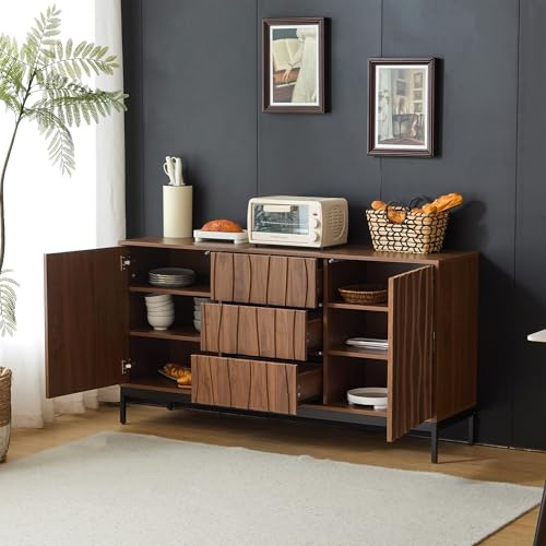 Lexiou Aparador de 150 cm, roble oscuro, 3 cajones, aparador grande, armario de cocina, hueco de una pieza, armario decorativo moderno Mid Century