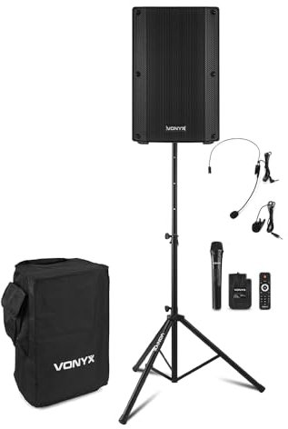 VONYX VSA500-BP 800W Portable PA System with Microphones, Stand & Case | Battery PA System | Bluetooth | Portable Speaker with Microphone for School Announcements, Busking & Outdoor Events