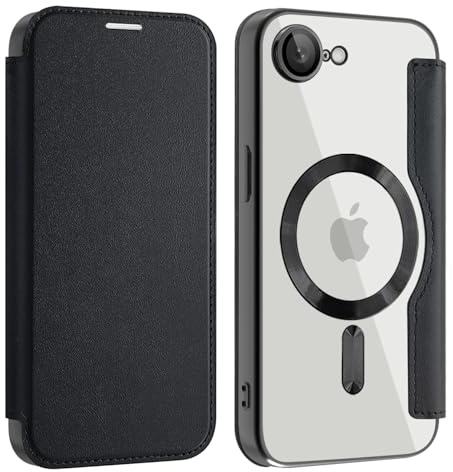 Unichthy Magnetic Flip Case for iPhone 17e 2026 / iPhone 16e 2025 Clear Cover |RFID Blocking| Wallet Purse Shockproof Leather Stand Cover Individual Protection for Each Lens Phone Skin Black