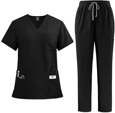 Yunshenla Ensemble Femme 2 Pcs Blouse Medicale et Pantalonde Travail Femme Taille Elastique - Tenue Aide Soignante Uniforme Infirmiere Professionnelle avec Poches et Cordon de Serrage, S 2XL