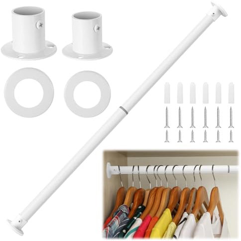 50-80cm Extendable Wardrobe Rail, Stainless Steel Adjustable Clothes Rail Pole with End Sockets,Wardrobe Pole and Fittings, Clothes Hanging Rail, White