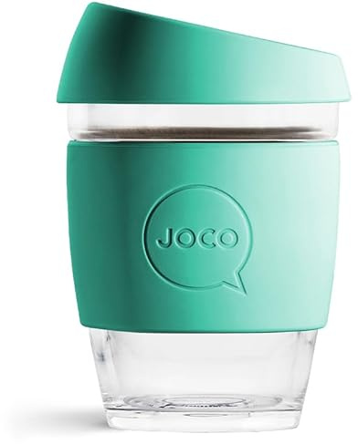 JOCO 12oz Travel Friendly Eco-innovative Borosilicate Reusable Classic Glass Coffee Cups, Microwave Safe Travel Coffee Cup, 100% Plastic Free Thermal Shock Resistant Glass Mug (Blue Teal)