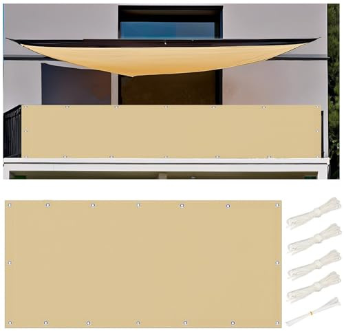 Balkon Sichtschutz 70x350cm Balkonabdeckung Wetterfest, Sonnensegel 0.7x3.5M Wasserdicht Rechteckig Sonnensegel Balkon Ohne Bohren Segeltuch mit Ösen und Kordel für Garten Terrasse, Sand Beige