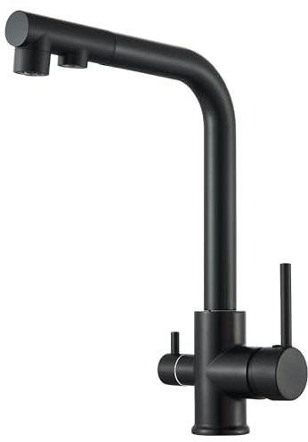 HARNART 3 Wege Wasserhahn Küche Küchenarmatur 360° Schwarz Schwenkbar Ausziehbar Spültischarmatur 3 in 1 Mischbatterie Küche für Wasserfilter,Trinkwasserhahn mit 2 Hebel ABS Kunststoffdüse