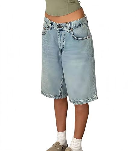 Shorts Vaqueros Bermuda Mujer Largo hasta la Rodilla | Loose Fit Vintage Denim | Ideales para Festivales y Verano 2025 | Y2K Jeans Cortos (FR/ES, Letras, XL, Regular, Regular, Azul Claro)