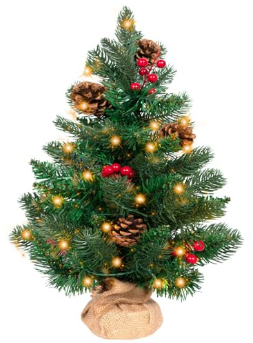 50cm Xmas Trees Artificial Christmas Desktop Tree with Lights for Office | Kendane 1.6ft Pre-Lit Pop-Up Artificial Mini Christmas Tree with Lights and Pinecones, Desktop Decor for Office & Bedroom
