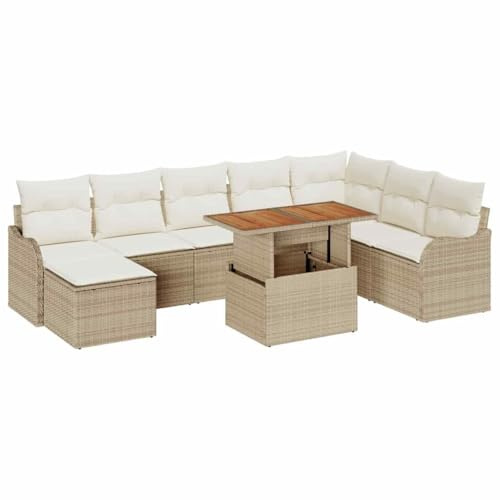 vidaXL Garten-Sofa-Set mit Kissen mit Speicher 9 pcs Beige und Creme, Moderne Garten- und Terrassenmöbel, strapazierfähiges Rattan-Sofa, wetterfestes Lounge-Set für draussen