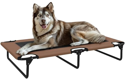 PawHut Hundeliege Outdoor, Erhöhtes Hundebett für große Hunde, klappbar Haustierliege mit Mesh Stahlrahmen Füßen, Haustierbett für Draußen Camping, 107x61x20 cm, Kaffee