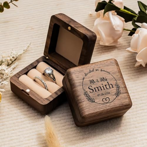 Scatola Porta-anello Quadrata In Legno Personalizzata Con Doppio Slot, Porta-gioielli Inciso Personalizzato, Interno In Velluto Nero For Cerimonie Di Matrimonio E Fidanzamento(Brown)