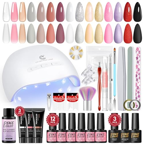 Peacecolor UV-nagellackset med UV-lampa, glänsande glittergelnagelset med nagelförlängning, gelbaslack, glänsande matt topplack, nagelset, gelnaglar, startset, gör-det-själv-naglar