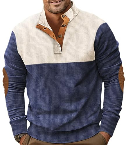 PRIVIMIX Cord tröja herr sweatshirt lätt långärmad Henley t-shirt tröja med knappslå M-3XL, Marinblå, 3XL