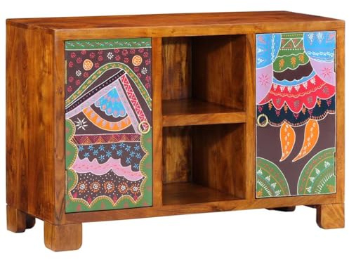 HETFTJN Credenza Cucina in Legno Massello di Acacia Multicolore 90x35x60 cm con 2 Ante, Mobile Multiuso per Interni ed Esterni Salvaspazio per Soggiorno Bagno Ingresso