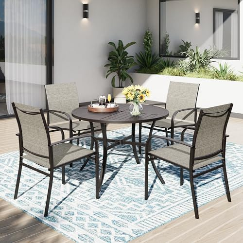 PHI VILLA Gartenmöbel Set Braun Stühle mit Runder Tisch Sitzgruppe Outdoor | 4 Textilene-Stühlen, Rostgeschütztem Stahlrahmen, Tisch mit 4-4.8cm Schirmloch, Terrassenmöbel Wetterfest