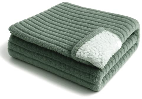 DH DREAMER HOME Manta Borreguito Reversible 160 x 220 cm – Sherpa de Franela Suave y Cálida con Diseño a Rayas, Manta Gruesa y Transpirable para Invierno (Verde Monet)