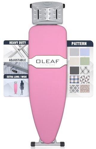 oleaf Ironing Board with Cover and Thicken Pad 43 x 13 Height Adjustable Full Size Foldable Iron Board with Iron Rest, Stable Steel Legs, Metal Construction, Heat Resistant, Pink
