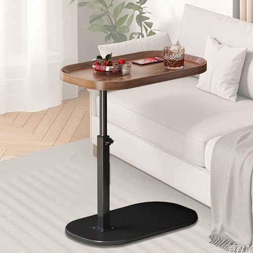Beistelltisch C Form Höhenverstellbar 30x45cm, Holz Klein Couchtisch Sofatisch mit 360° Drehbar, Ovaler Couch Sofa Bett Beistelltisch mit erhöhtem Rand, Side Table Laptoptisch für Wohnzimmer (Walnut)