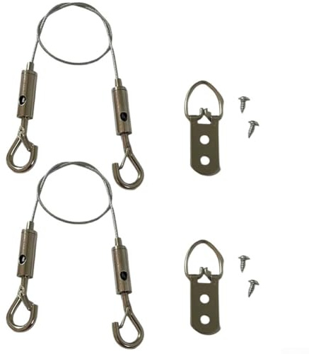 Kit de cuerda de alambre de acero inoxidable ajustable para espejos, marcos y decoraciones con ganchos, 3/6 pies (1/2 m), plata, capacidad de 66 libras, 2 cables (1 m)