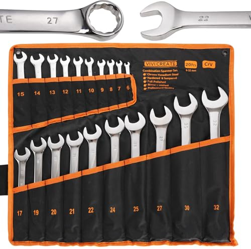 vivicreate 20-Piece Wrench Set, Metric Wrench Set 6mm-32mm, Combination Wrench Sets with Oxford Cloth Storage Bag for Home, Garage, Automotive Repair and Emergency Use - Made in India