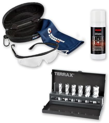 TERRAX Kernbohrer-Satz HSS mit Weldonschaft (3/4) Schnitttiefe 30,0 mm in Industriekassette, Beinhaltet 6 Kernbohrer, ein Auswerferstift, RUKO Schneidöl und Schutzbrille, 9-teilig
