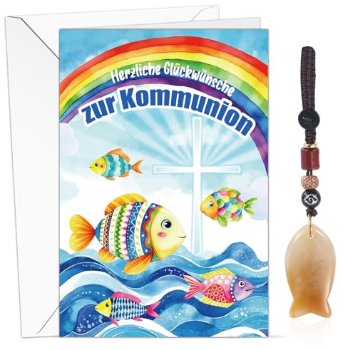 DPKOW Junge Geschenk Kommunion Karte mit Umschlag Fisch Citrin Edelstein Anhänger Schlüsselanhänger, Karte Erstkommunion Geschenke Junge Kommunionsgeschenk Fisch Glücksbringer