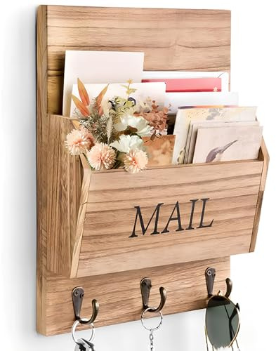 Ruaizel Post Organizer Wand Holz, Briefständer Briefhalter Wand mit Haken, 2 Fächer Zeitschriftenständer Wandmontierter für Zuhause, Büro, Schule