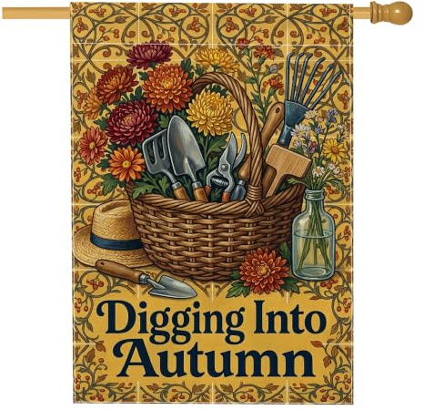 Bandiera per la casa, autunnale rustica attrezzi da giardinaggio crisantemi gialli autunnali su entrambi i lati, grande bandiera da giardino per esterni, prato, cortile, patio, ingresso 71 x 101 cm