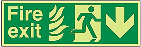 vsafety 14021bj-g NHS Fire Exit Arrow Down Sign, Glow In Dark, 1 mm Kunststoff, Landschaft, 450 mm x 150 mm, grün