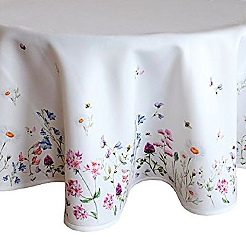 Raebel OHG Apolda Tischtuch Rund 130 cm Pflegeleicht Weiß Blumenwiese Bunt Frühlingsdecke Tischdecke (130 cm)