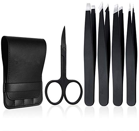Tweezers Set 5-Piece - Professional Stainless Steel Tweezers with Curved Scissors, Best Precision Tweezer for Eyebrows, Splinter & Ingrown Hair Removal with Leather Travel Case (Black)