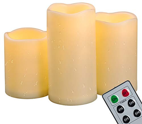 3 Stück 10, 12,5, 15 cm wasserdicht LED-Stumpenkerzen mit Fernbedienung & Timer, batteriebetrieben flackernde flammenlose Kunststoff-Kerzen für Außenbereich, Terrassen, hängende Laternen Dekoration