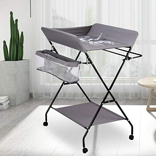 Fetcoi Wickeltisch Klappbar mit Sicherheitsgurt 80x63cm, 33 lbs Tragkraft & Stauraum - Mobile Wickelkommode aus Oxford-Stoff & Eisen für Babys 0-12 Monate (Grau,Mit Roller)