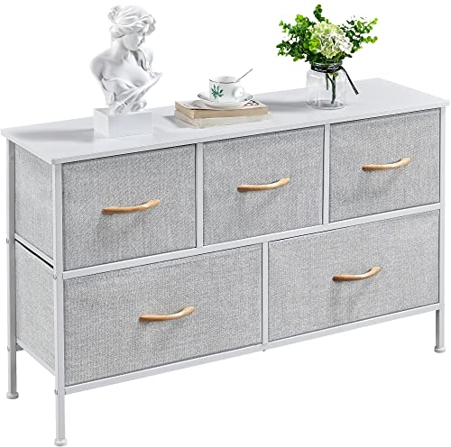 Yaheetech Chest of Drawers, 5 Drawers Fabric Storage Dresser Vertical Chest with Spacious Wooden Tabletop & Sturdy Metal Frame for Bedroom, Living Room, Closet, Nursery, Hallway, Light Grey