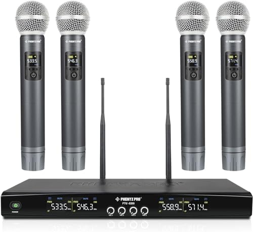 Phenyx Pro Wireless Mikrofon Set mit 4 Funkmikrofonen, 4x25 einstellbare UHF-Frequenzen, 200ft Reichweite, dynamische Mikrofone für Gesang, Karaoke, Kirche, DJ (PTU-5200)