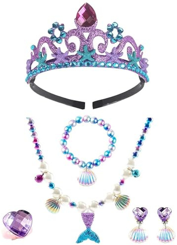 Aatpuss 6 Stücke Meerjungfrau Kinder Schmuckset Mädchen，Prinzessin Verkleiden Geschenk ，Meerjungfrau Krone, Halskette, Armband, Ring für Geburtstagsgeschenke,Meerjungfrauenflosse Mädchen Tasche