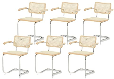 KHG 6er Set Schwingstühle Freischwinger mit Armlehnen Chrom - Rückenlehne und Sitzfläche aus Massivholz Buche und Rattan - Esszimmerstuhl, Küchenstuhl Design Stuhl mit Wiener Geflecht