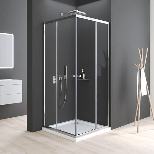 Duschkabine 90x90cm Eckeinstieg mit Schiebetüren 6mm ESG Glas Duschkabine Eckeinstieg Schiebetür Duschabtrennung Dusche Duschwand Höhe 185cm ohne Duschtasse