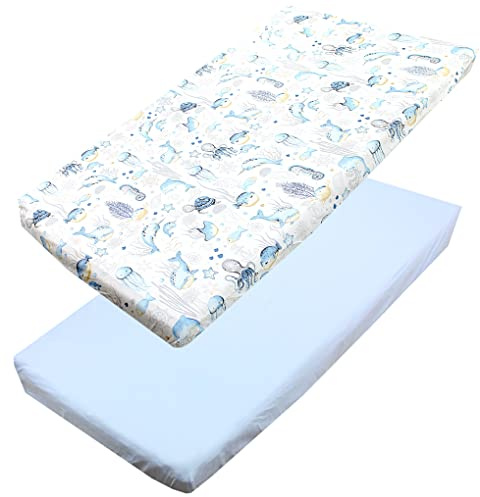 TupTam Baby Spannbettlaken Kinder Spannbetttuch für Babybett Kinderbett 2er Pack, Farbe: Meerestiere Blau, Größe: 70 x 140 cm