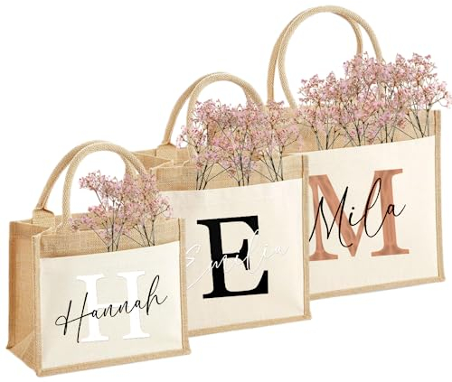Generisch Nachhaltige Jute-Tasche mit deinem Name & Initial personalisiert | Geschenkidee Geschenk-Tasche Jute-Beutel Einkaufstasche aus und Baumwolle (S)