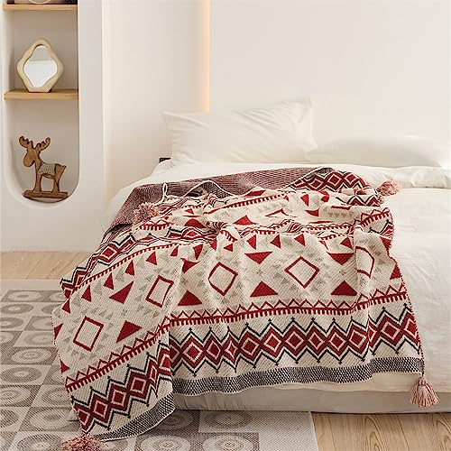 Menkala Kuscheldecke Boho Decke Wohndecke Gestrickt Sofadecke Tagesdecke Picknickdecke Leichte Sommerdecke Sofa Überwurfdecke Couchdecke Strickdecke Reisedecke Blanket mit Fransen Rot 120x150 cm