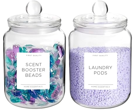Wanwanzi Lot de 2 bocaux en verre pour buanderie - Contenants en verre de 1,8 l - Bocal à linge avec couvercle pour lessive et perles