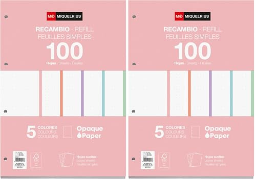 Miquelrius Nachfüllblock, lose Blätter, 5 Pastellfarben, 100 Blatt mit Punkten, Größe A4, Papier 90 g, mit 4 Bohrungen (Packung mit 2)