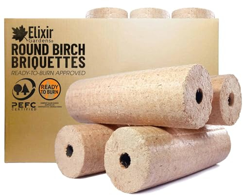 Elixir Gardens 5 Pack Round Birch Briquettes | Recycled & Compressed Birch Heat/Fuel Logs for Stoves, Log Burners, Fire Pits & Open Fires | 5 Pack x 1