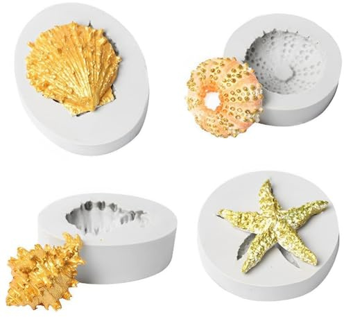 4 Stück Silikonform Meerestiere Silikon Formen, Muschelform Seestern Fondant Formen 3D Ozean Tier Silikonformen Schokolade für Kuchen, SüßIgkeiten, Gelee, Seifenherstellung