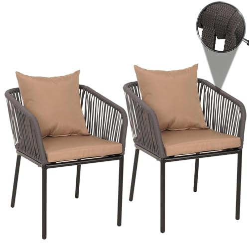 Mendler 2er-Set Gartenstuhl HWC-N41, Outdoor Armlehne, wetterfest Aluminium Seilgeflecht Rope - anthrazit Kissen Taupe