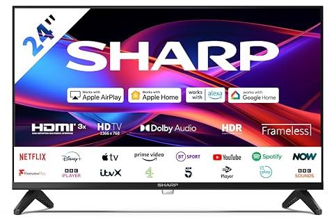 SHARP 24GD2225K 24-Inch HD Ready Frameless Roku Smart LED TV – HDR10, Active Motion 200, AV1 Codec, 3x HDMI, Dolby Digital Plus, Apple AirPlay, Google Cast, Voice Assistant Compatible – Black